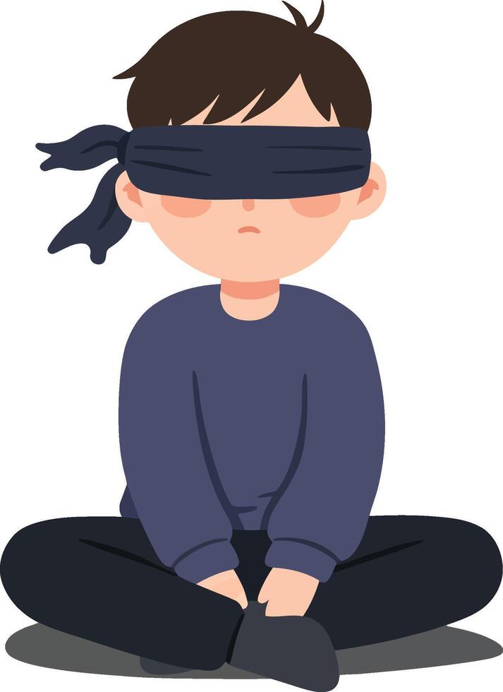 Blindfolded child sitting cross-legged in meditative pose with navy blue clothing and dark hair illustration vector