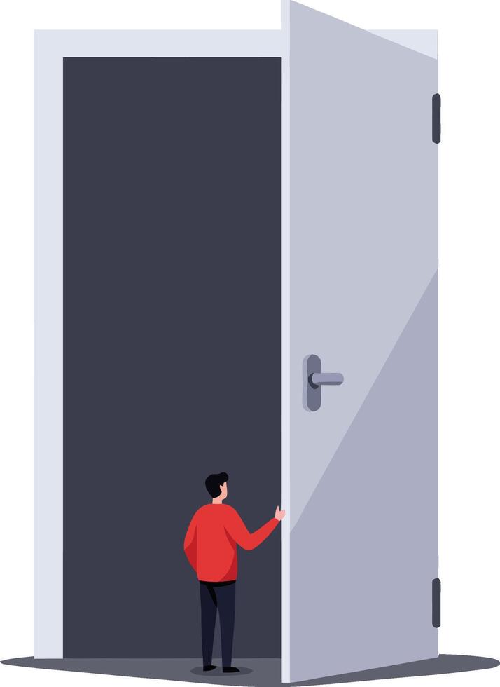 Man in red jacket opening large white door illustration in minimal style vector