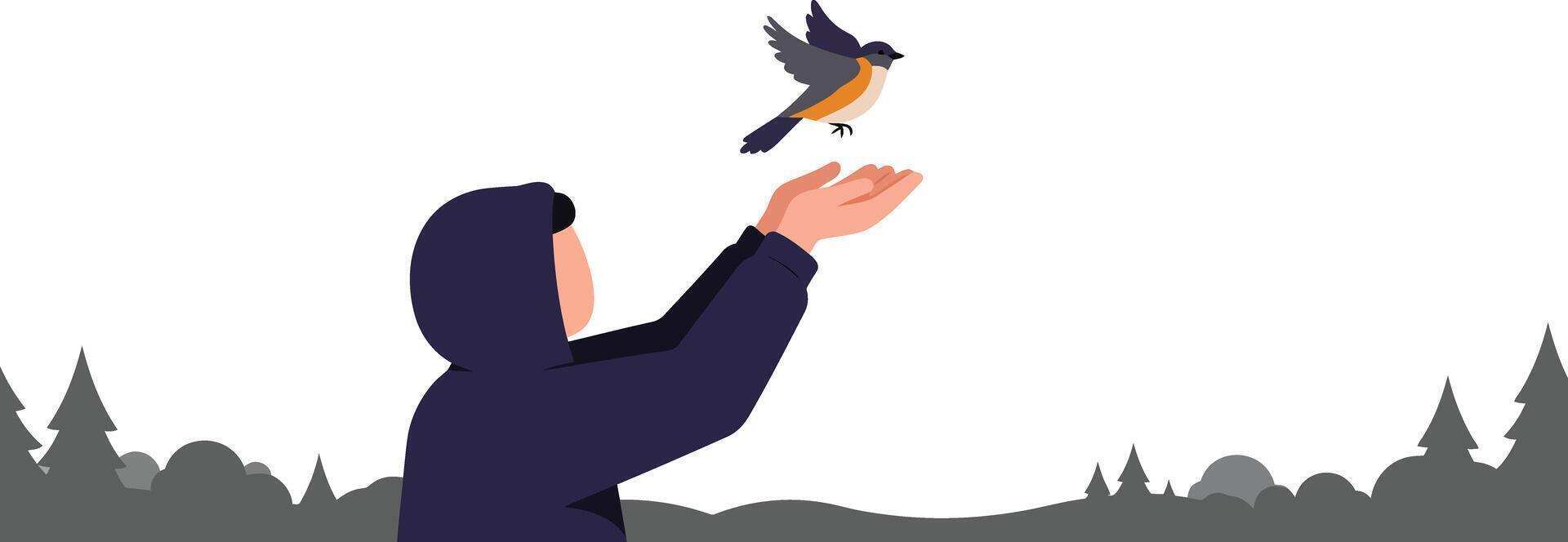 Child in hood releasing bird with forest silhouette nature outdoor scene illustration vector