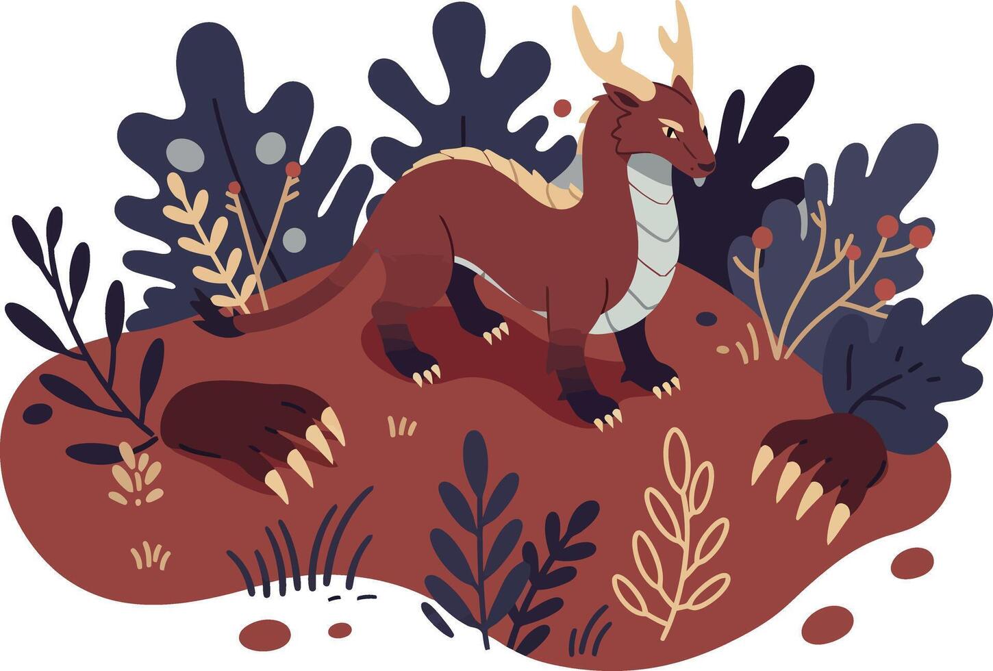 Red and brown dragon resting on rock with dark blue plants illustration vector