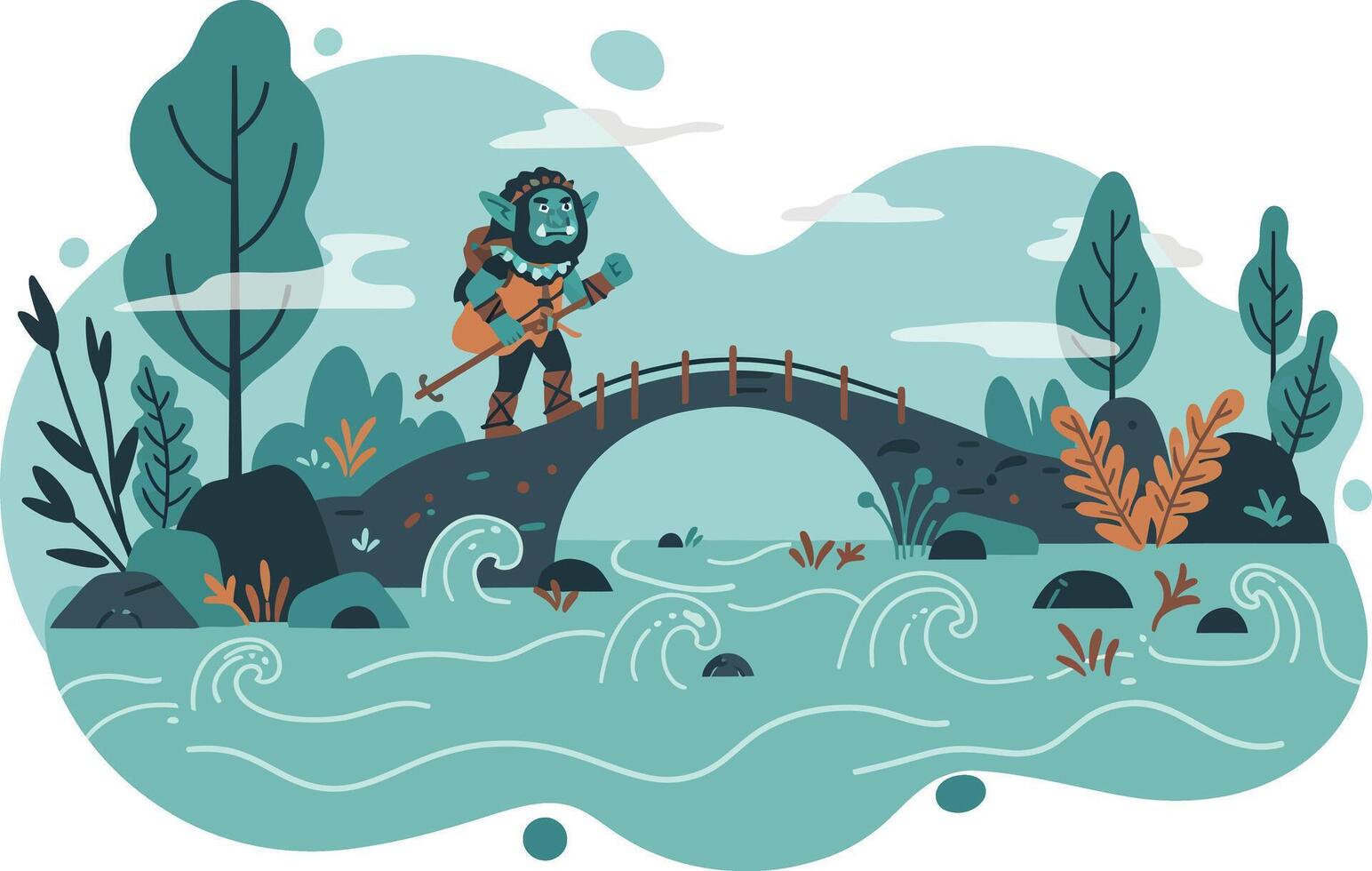 Diver exploring underwater landscape with bridge and aquatic plants illustration vector