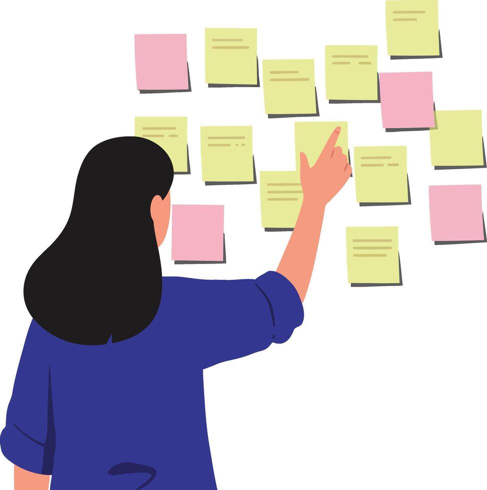 Woman organizing sticky notes on wall for project planning and brainstorming in office environment illustration vector