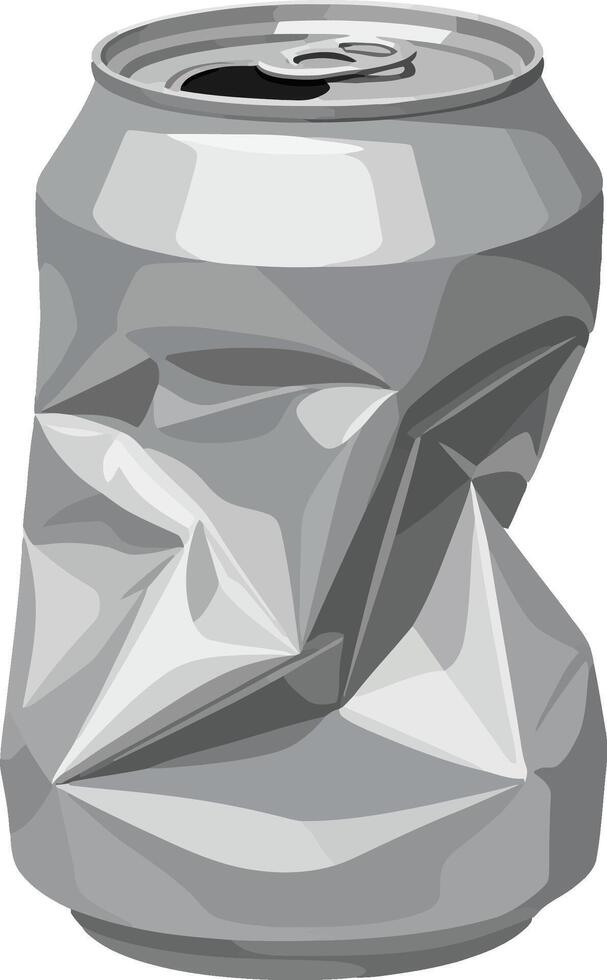 Crumpled aluminum soda can illustration in gray tones with metallic texture vector