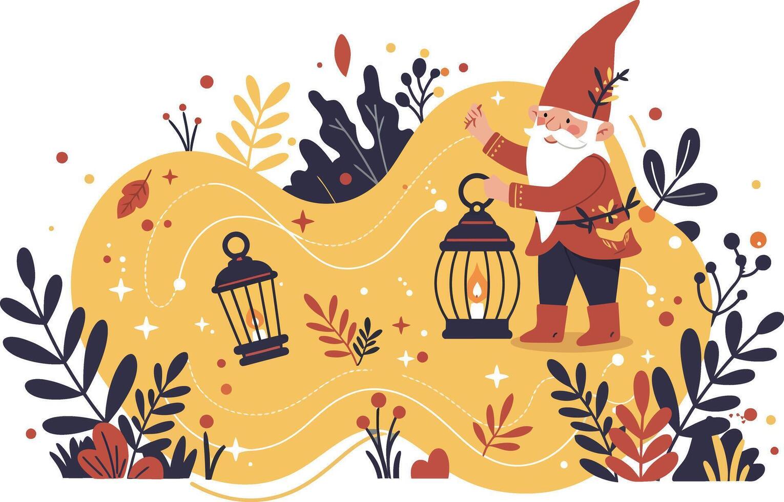 Garden gnome with lanterns in yellow autumn foliage seasonal illustration vector