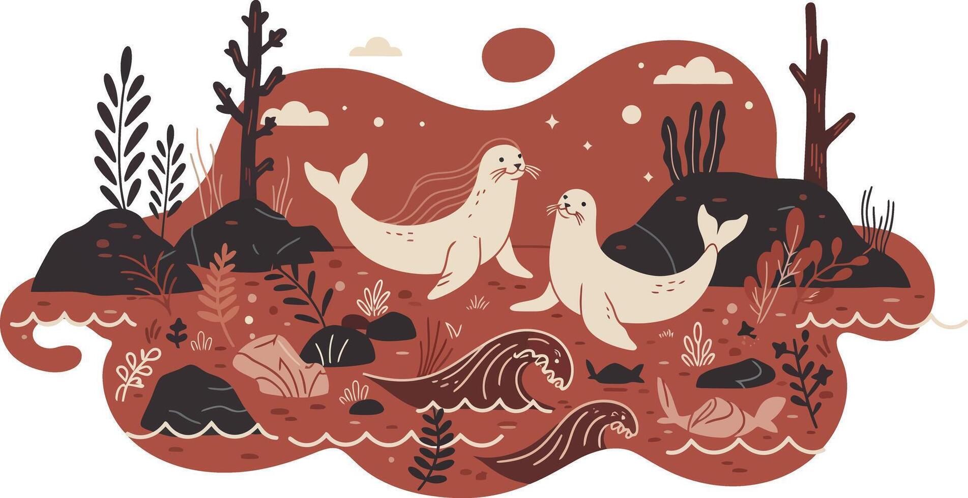 Two seals in stylized underwater scene with seaweed and rocks in brown and beige illustration vector