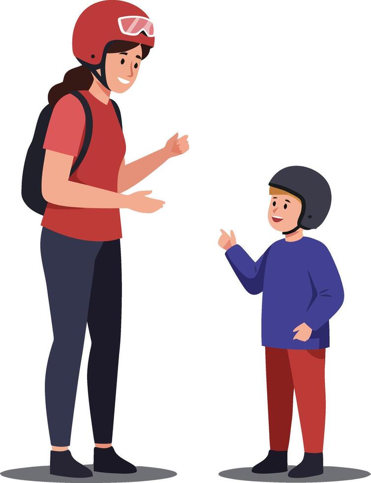 Mother and son wearing helmets preparing for outdoor activity illustration vector