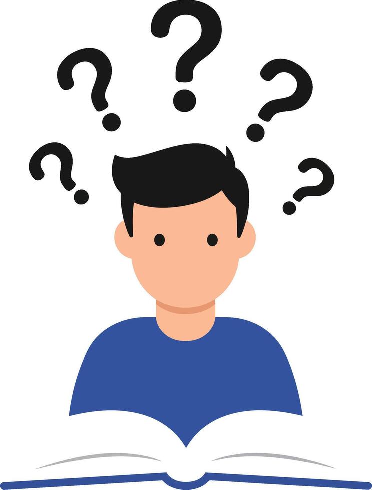 Confused man reading book with question marks above head learning and thinking concept illustration vector