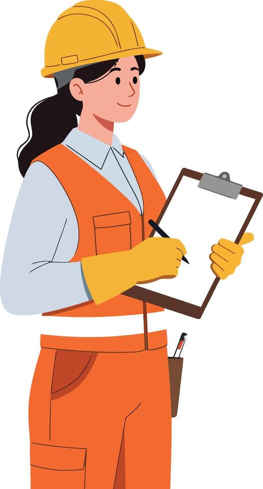 Female Construction Worker Wearing Safety Helmet and Vest Holding Clipboard Illustration. vector