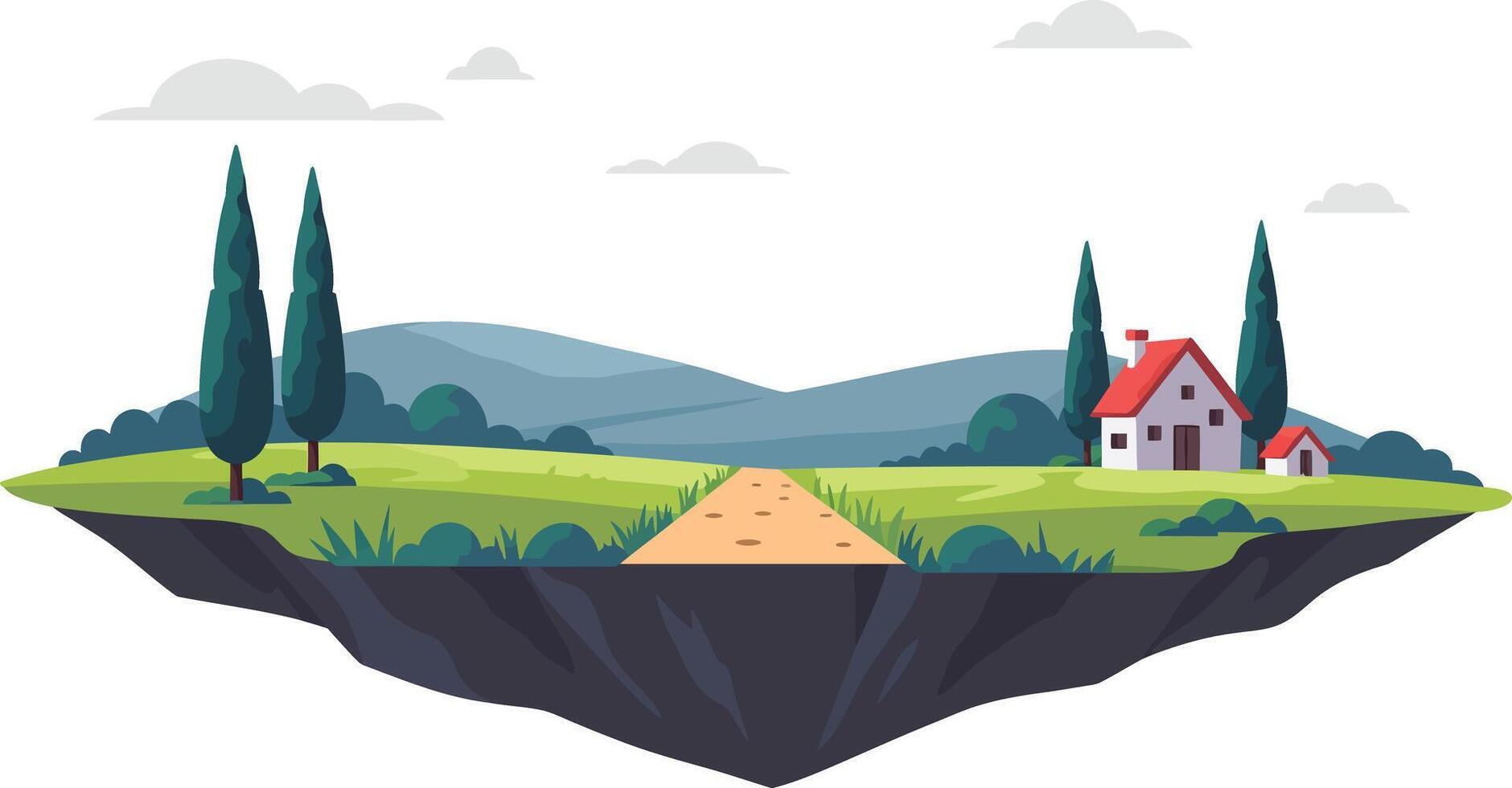 Floating island landscape with green grass and small house under cloudy sky illustration vector