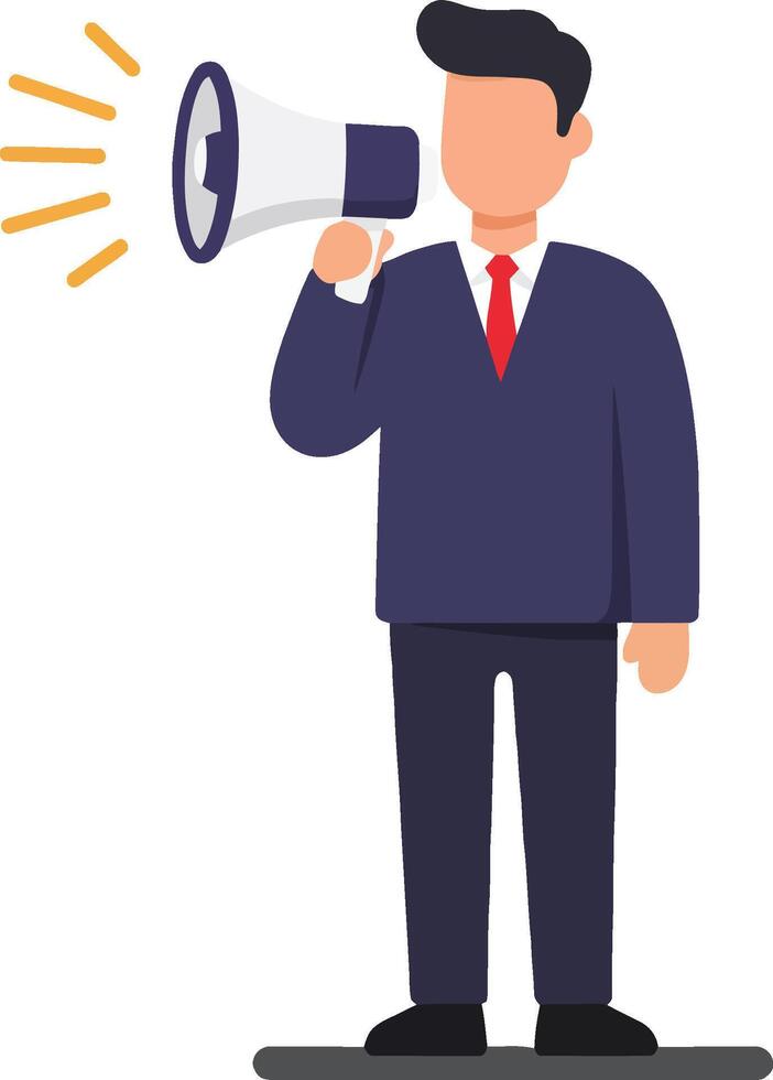 Businessman in navy suit holding megaphone announcing corporate message illustration vector