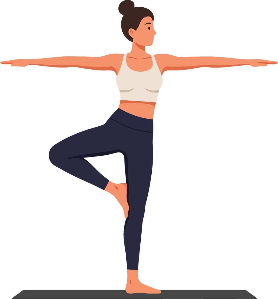 Woman practicing yoga tree pose on mat in athletic wear health and wellness exercise balance and focus vector