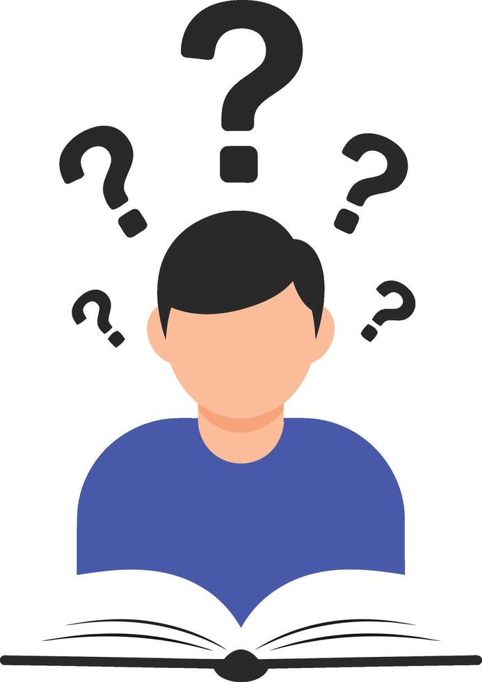 Confused person reading book with question marks above head concept illustration for learning challenges knowledge doubts vector