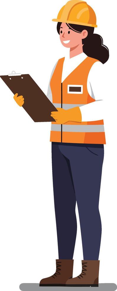 Female Construction Worker Wearing Safety Helmet and Vest Holding Clipboard Illustration vector