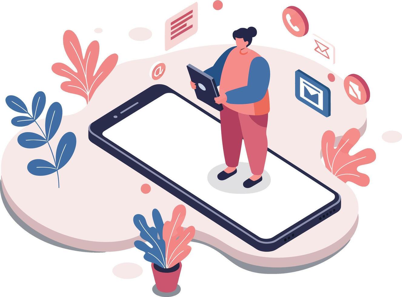 Person standing on giant smartphone with digital icons around modern technology concept illustration vector