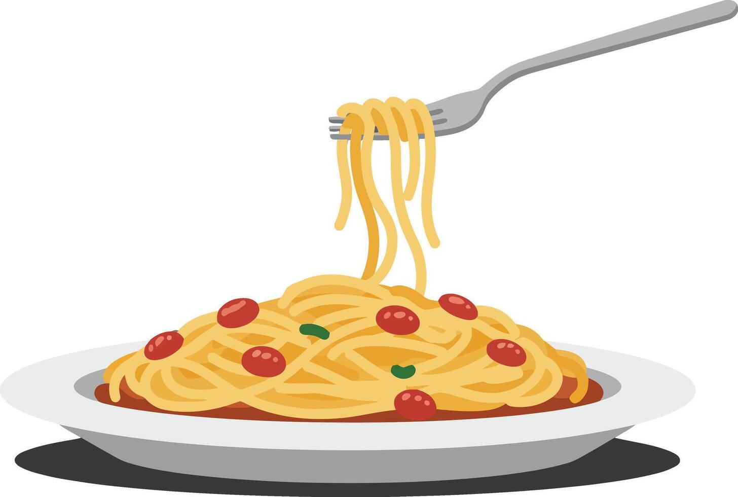 Spaghetti pasta plate with fork lifting noodles and tomato sauce illustration food meal image vector