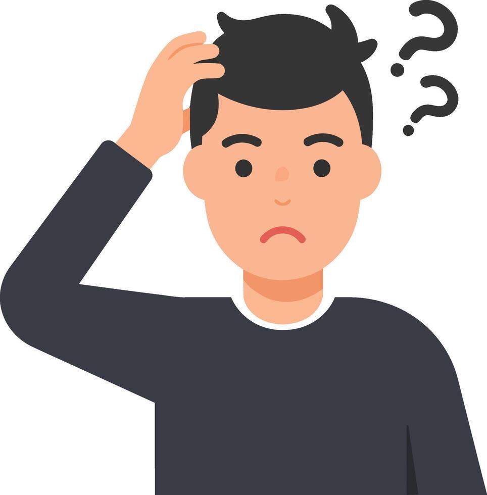 Confused young man scratching head with question marks above in simple illustration vector