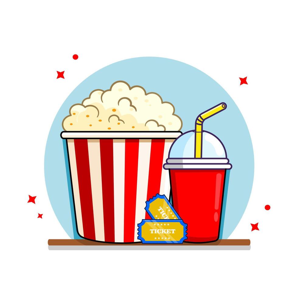 Movie Night Popcorn, Drink, and Tickets for a Cinema Experience Vectors Illustration Flat Design