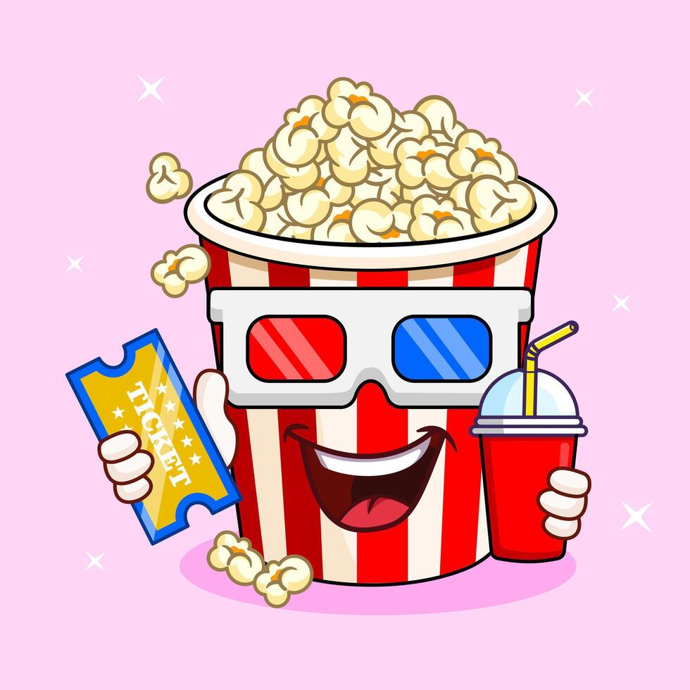 Popcorn Bucket Character Design with 3D Glasses, Movie Ticket, and Drink Vectors Illustration Cartoon