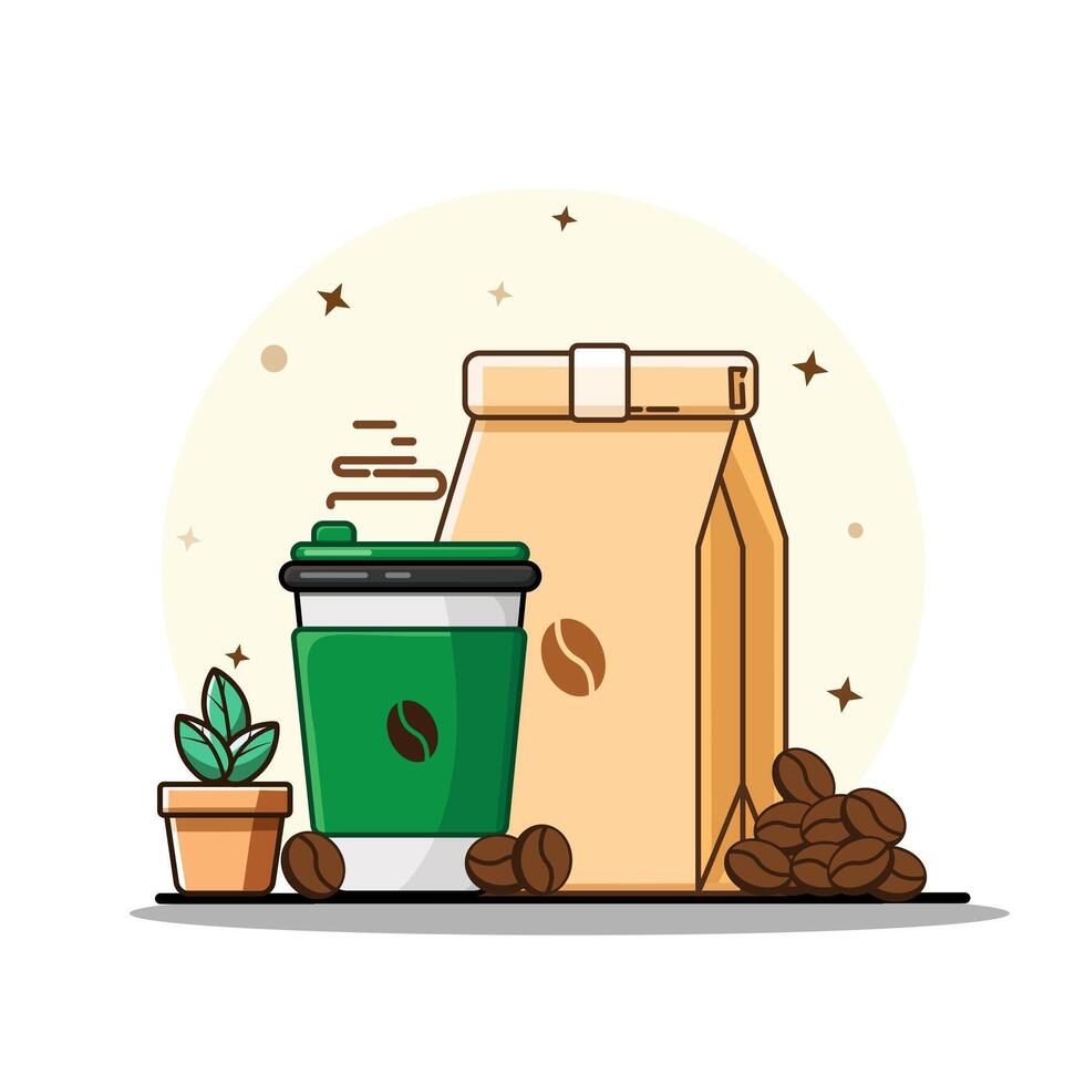 Coffee time Coffee cup, beans, and package, cafe concept Vectors Illustration Flat Design