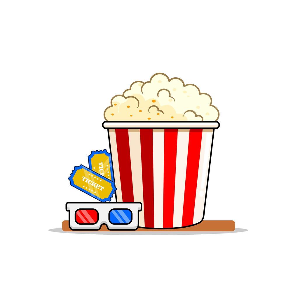 Movie Night Treats Popcorn, Tickets, and 3D Glasses Vectors Illustration Flat Design