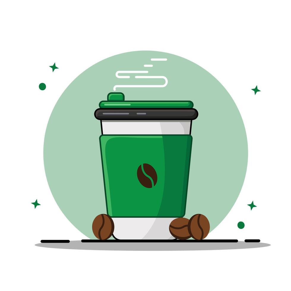 Green Coffee Cup with Beans and Steam Vectors Illustration Flat Design