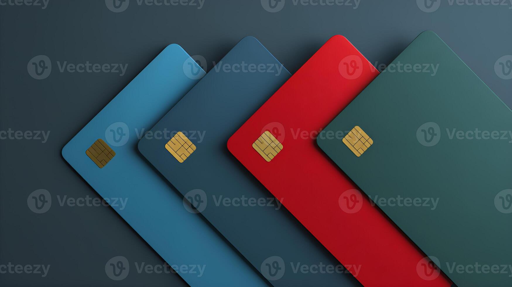 Credit cards showing microchip laying on dark background photo