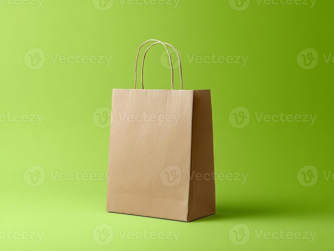 Brown paper bag on green backdrop. Eco-friendly setup for shopping or retail themes, perfect for sustainable or modern designs. Ideal for packaging or nature visuals. photo