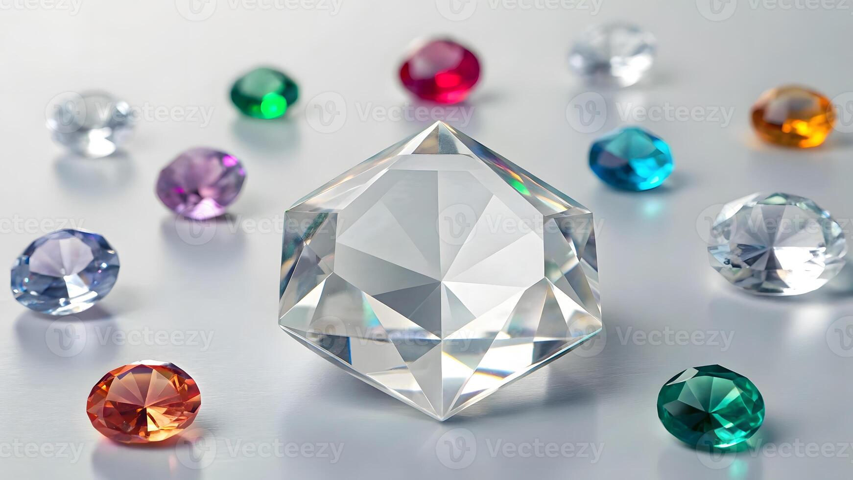 Prismatic glass gems arranged artistically on a reflective surface with multicolored variations photo