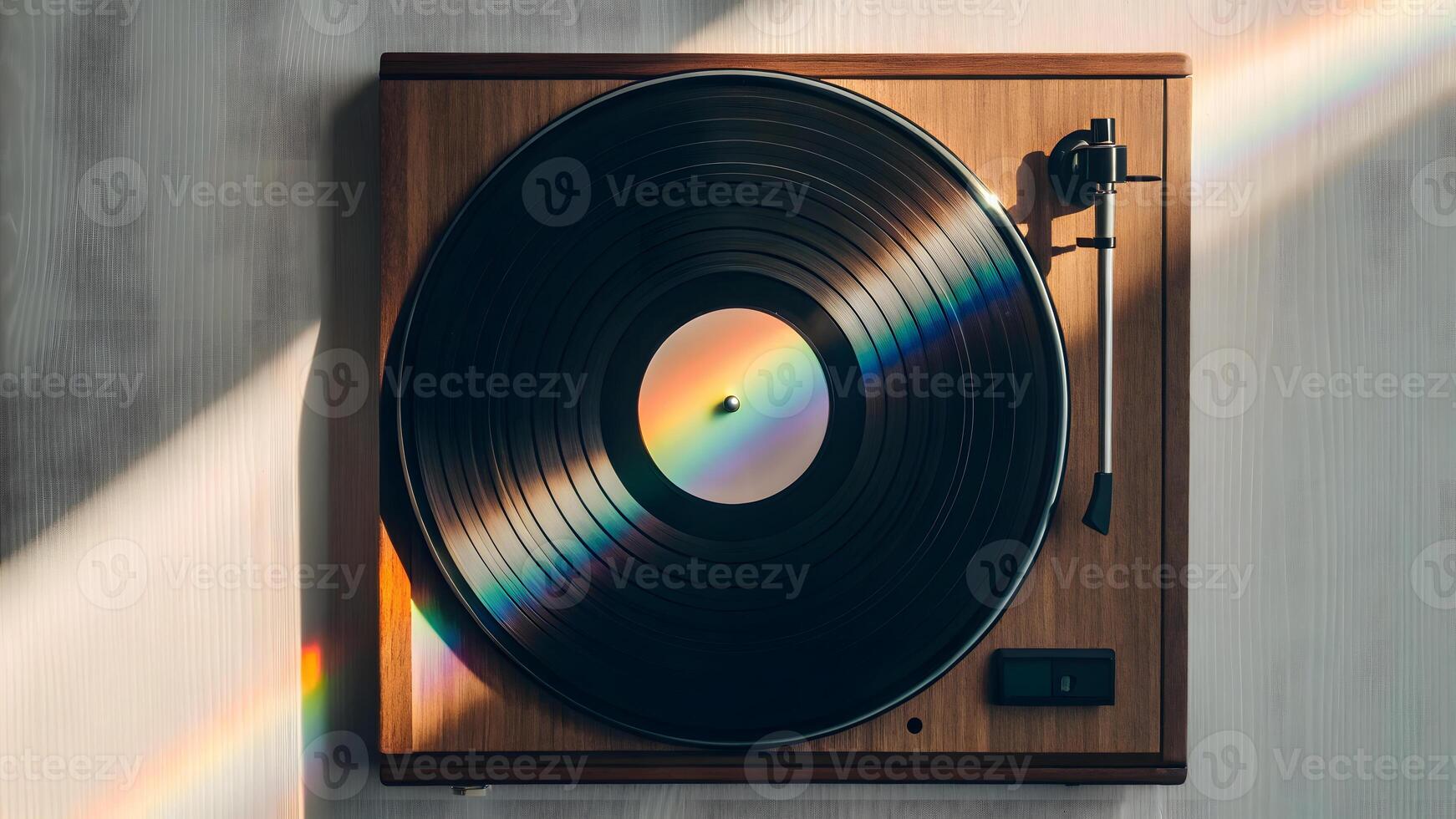 Prismatic reflections on a vintage record player with a spinning vinyl disc photo