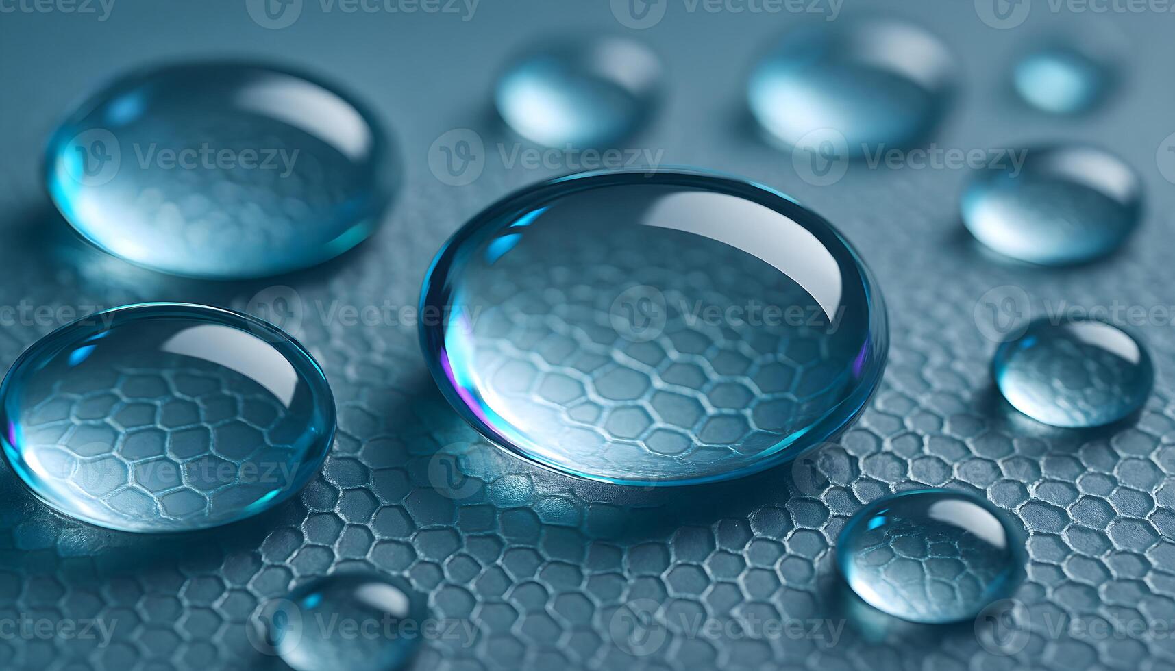 Macro photo of spherical water droplets over hexagonal textured surface with optical rainbow refraction in clean scientific tone