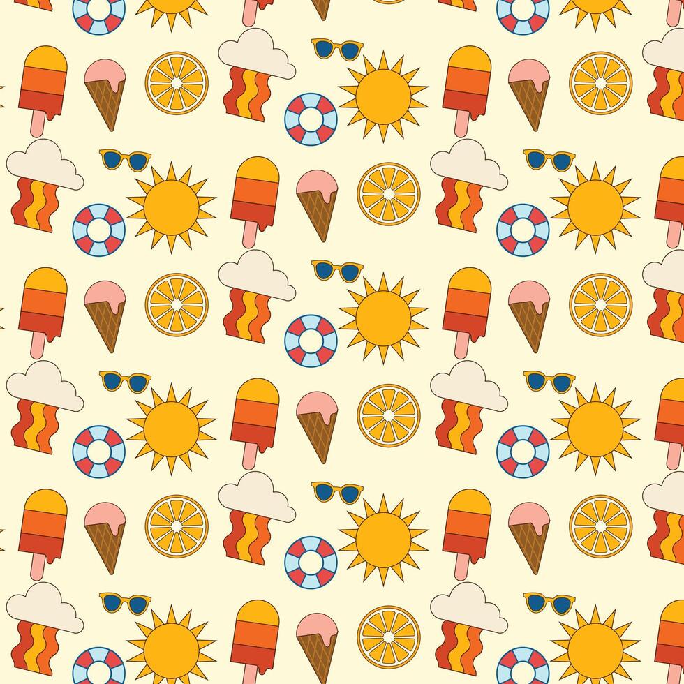 Summer seamless pattern with sun, ice cream, and other items vector