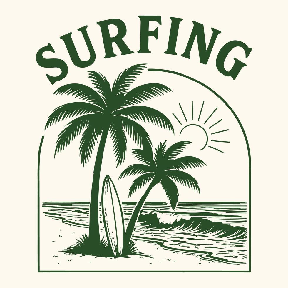 Surfing logo with palm trees and surfboard vector