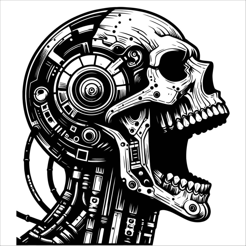 Half Robot Half Skull Screaming Illustration in Cyberpunk Style vector