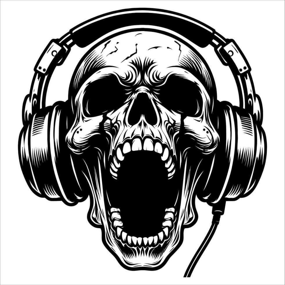 Black and White Line Art of Skull with Headphones Listening to Music vector