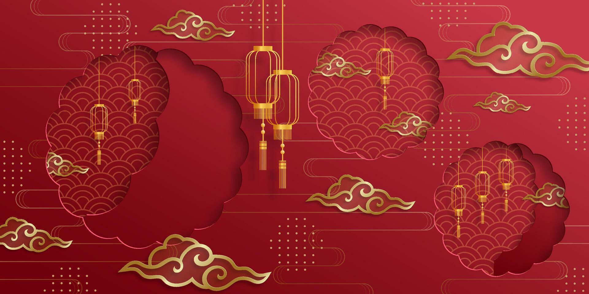 Red background with golden lanterns and clouds vector