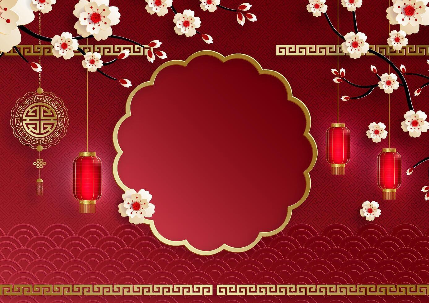 Red floral background with traditional lanterns vector