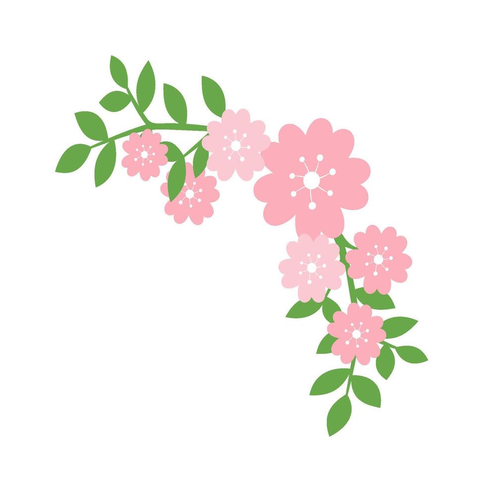 Cherry Blossom Floral Wreath with Pink Sakura Flowers and Green Leaves Arch Illustration on Transparent Background vector