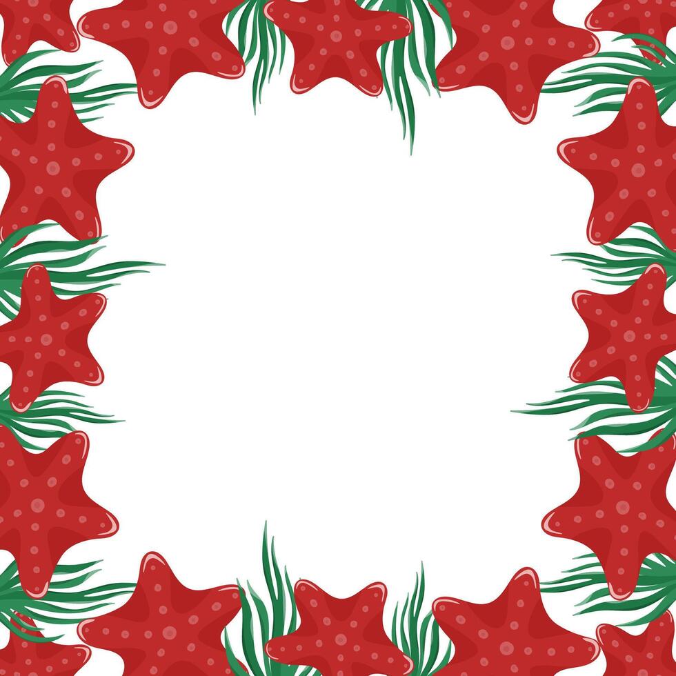 Square frame with red starfish and green seaweed border vector