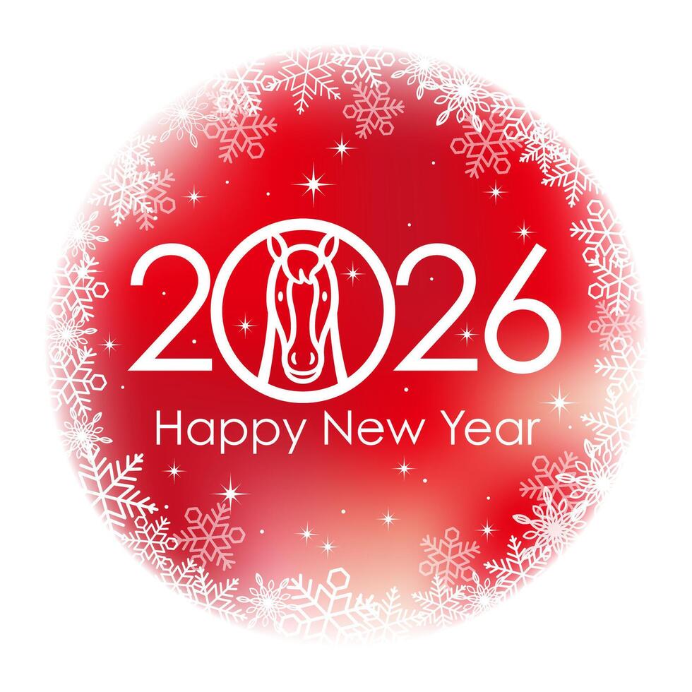 2026, The Year Of The Horse, Red Round Greeting Symbol With Snowflakes Celebrating The New Year. vector