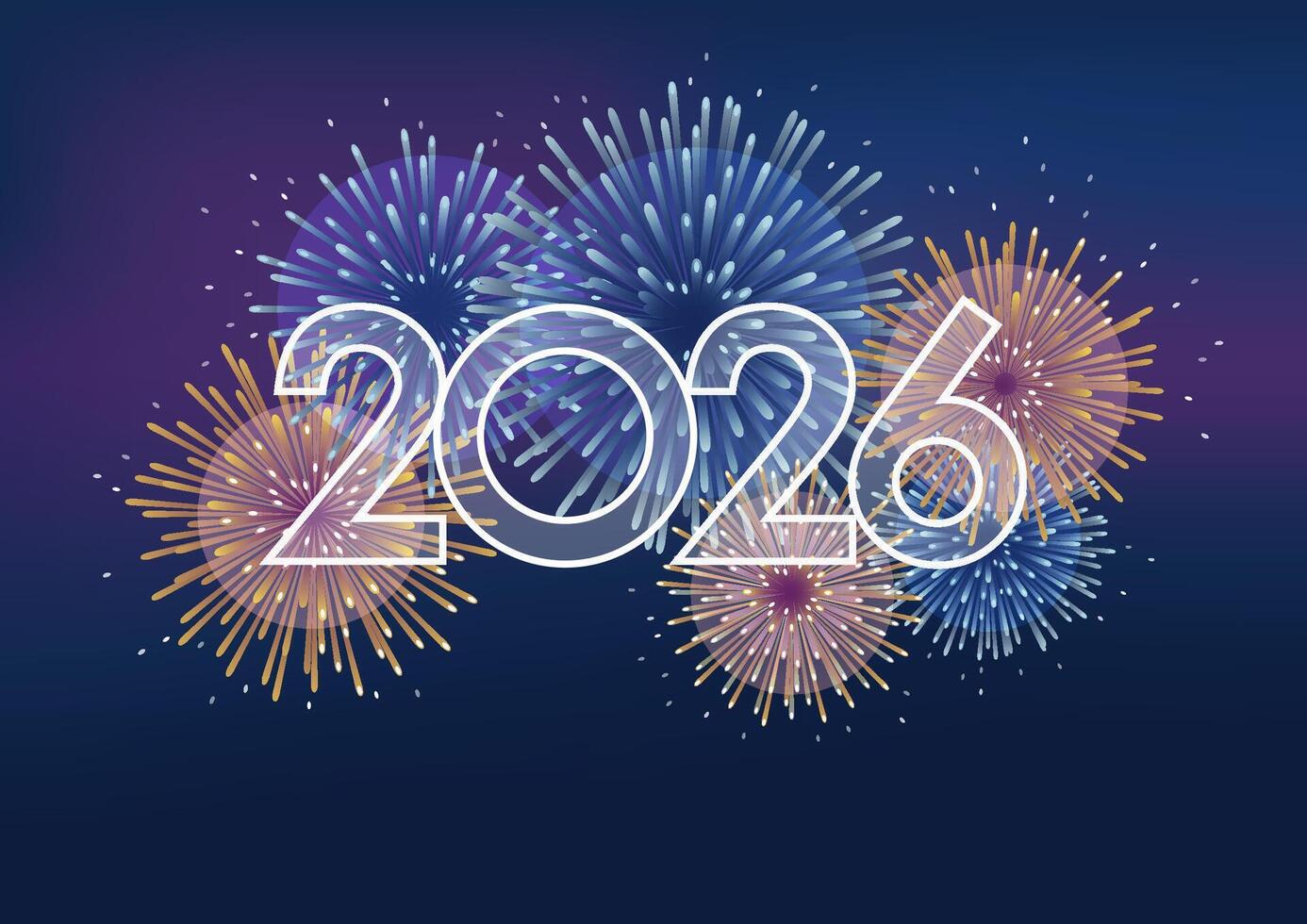 Title, Description The Year 2026 Symbol Logo And Fireworks With Text Space On A Dark Background Celebrating The New Year. vector