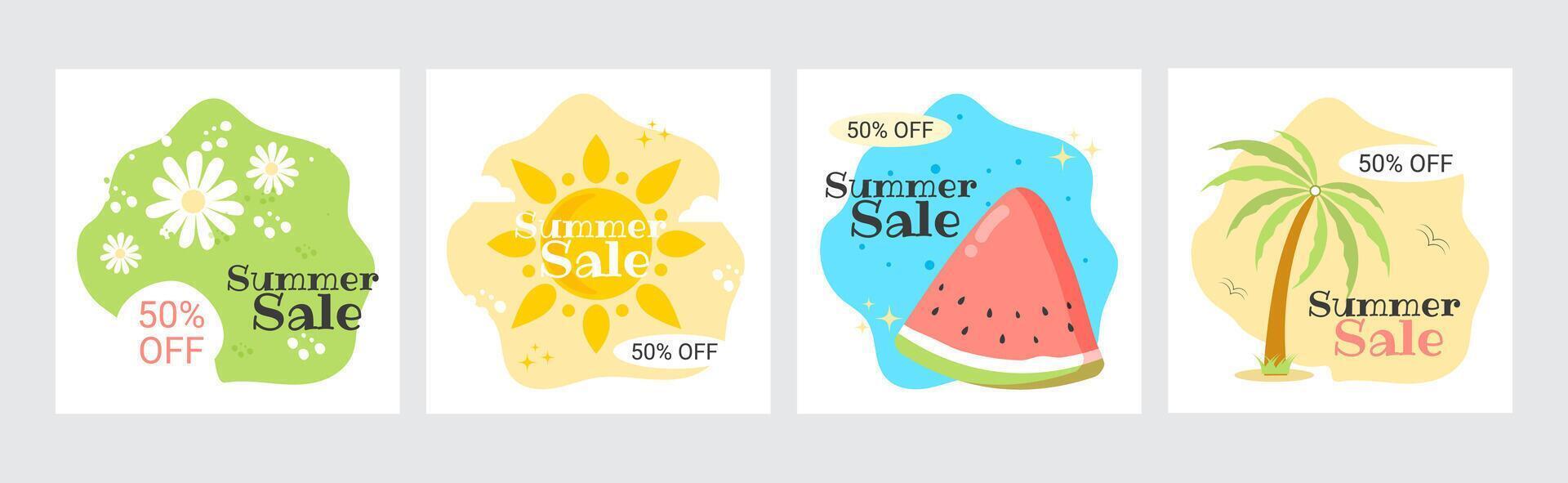 Summer sale. Set of posters with watermelon, palm tree, sun and daisies. Banners for seasonal promotion. vector