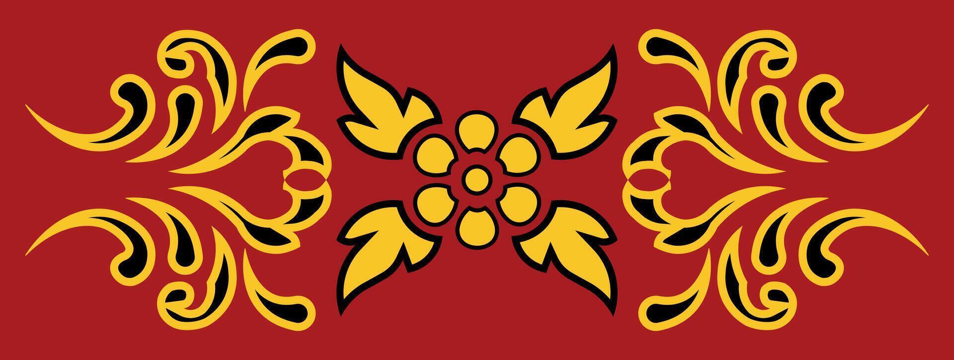 a red and yellow design with black and gold swirls vector