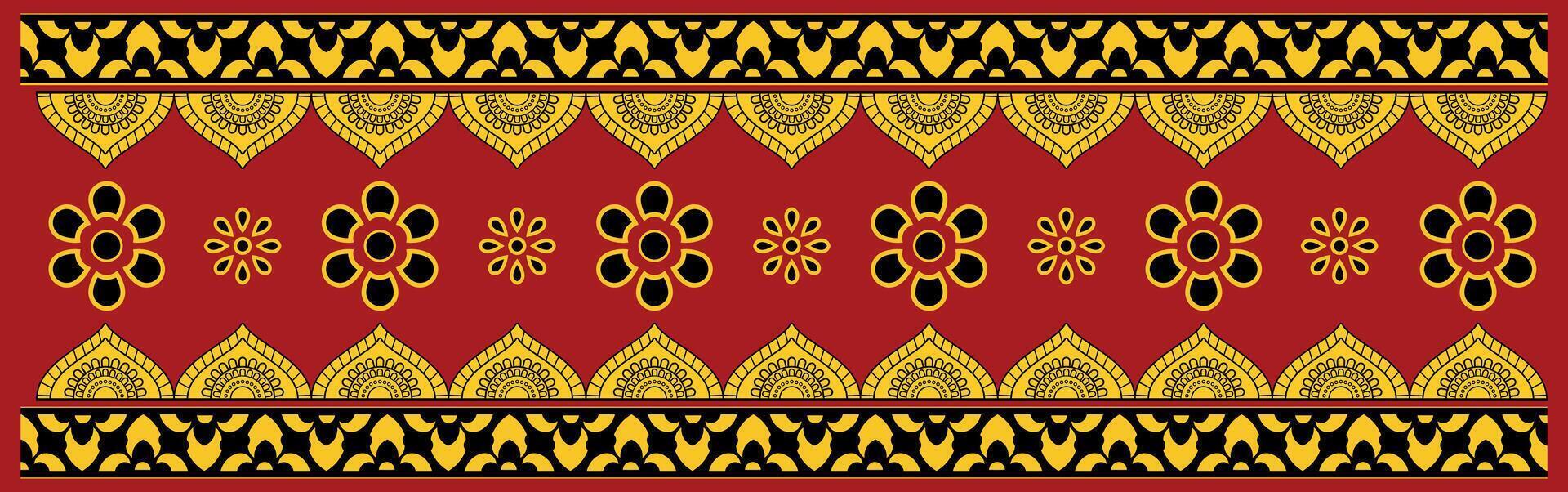 a red and black pattern with gold and black designs vector