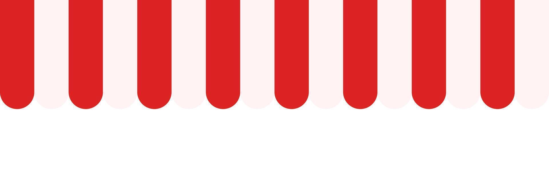 Seamless awning tent header in french style. Red and white striped shop awning. Market canopy tent. Sun shade roof. Cafe awning. Shop striped canopy. Kiosk window border. vector