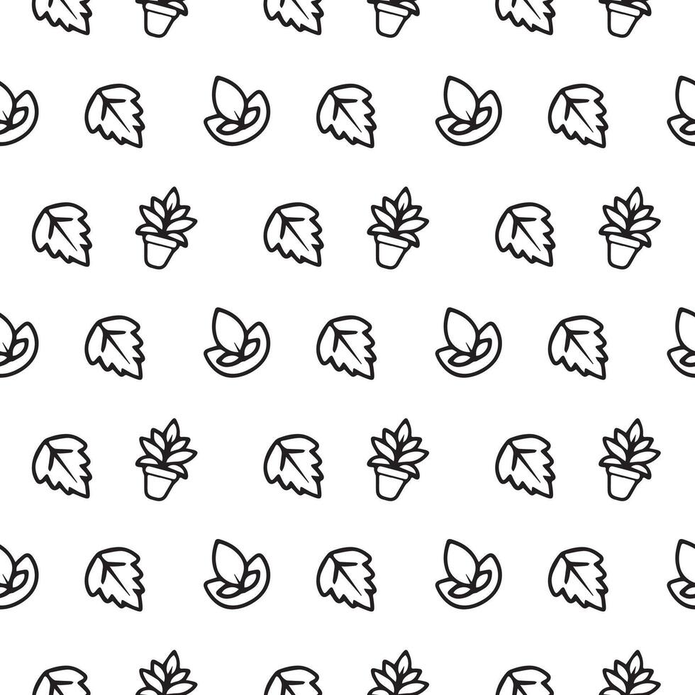 Seamless Line Art Leaf and Plant Pot Pattern on White Background Minimal Nature Doodle Style . vector