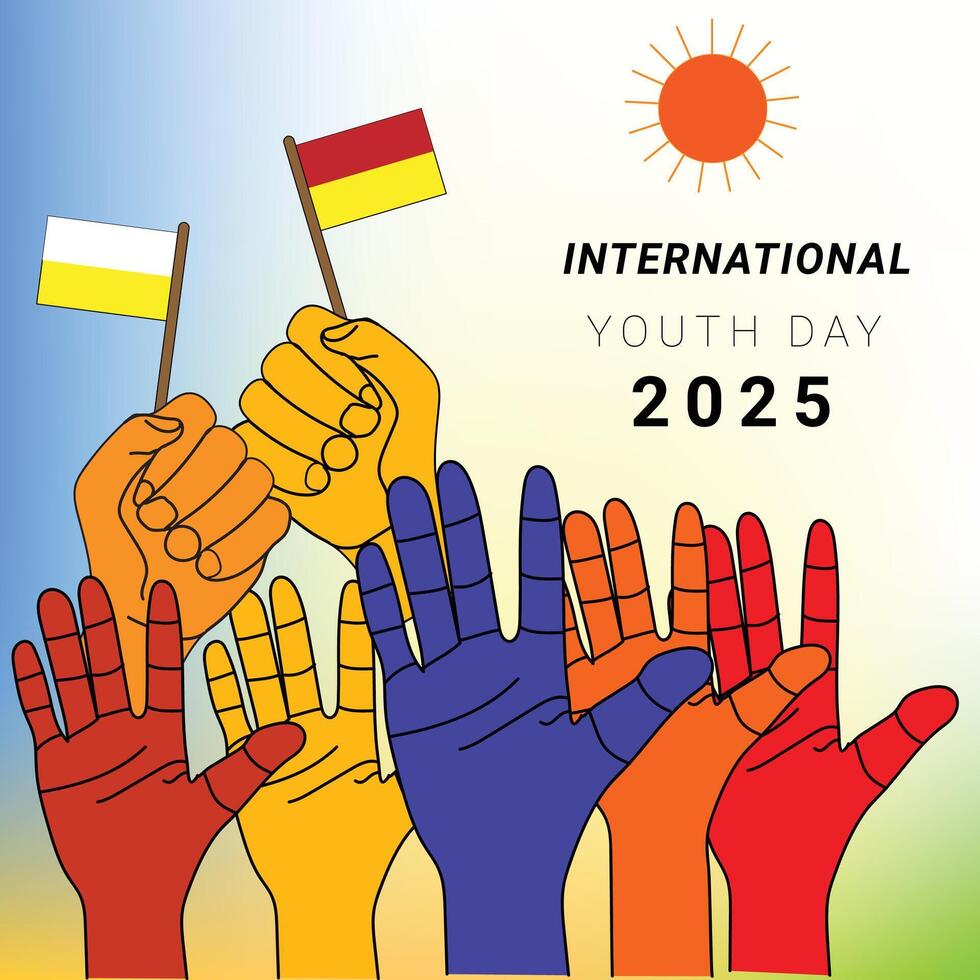 Colorful Raised Hands with flag Illustration for International Youth Day Celebration. vector