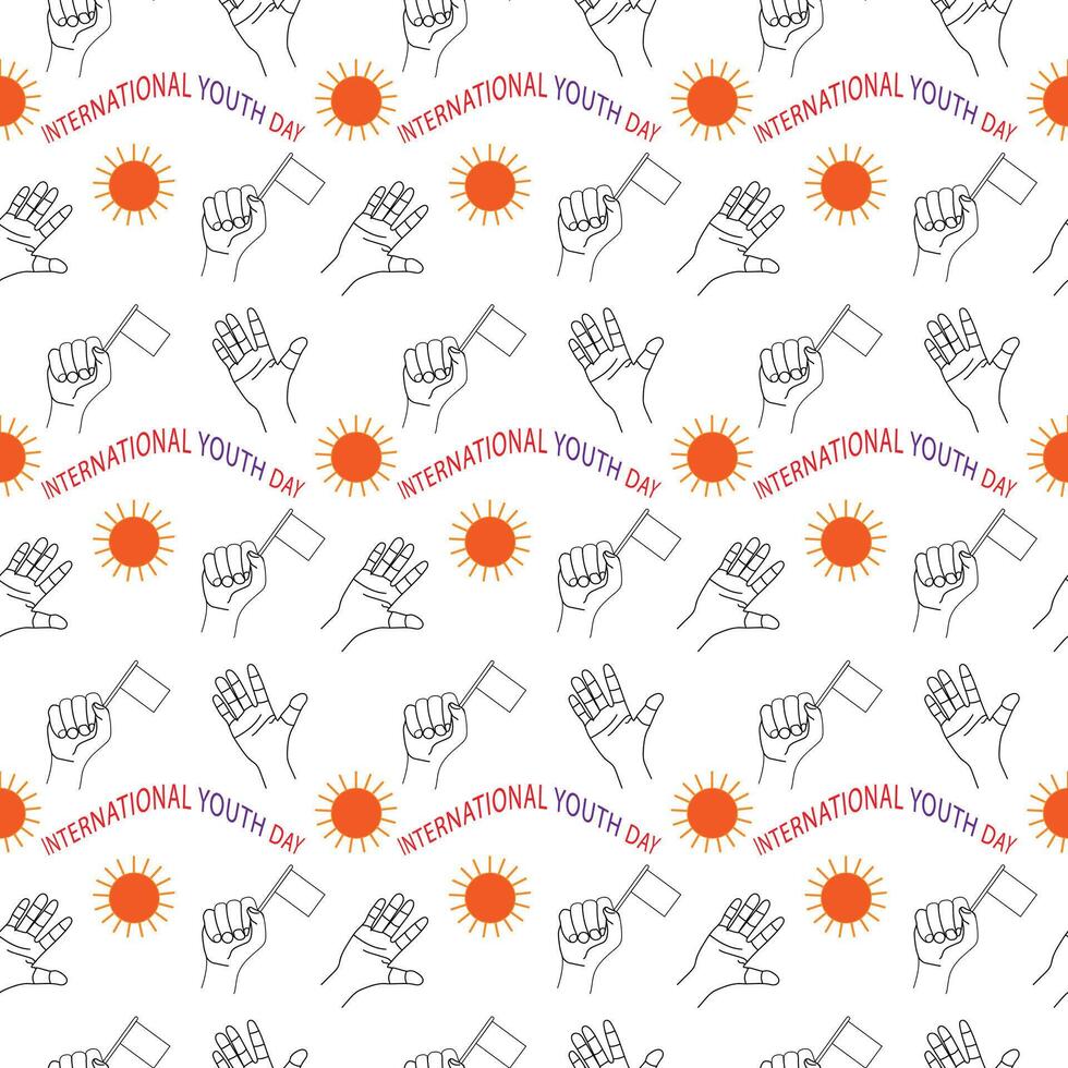 Seamless Pattern of Hand Gestures and Sun with International Youth Day Text. vector