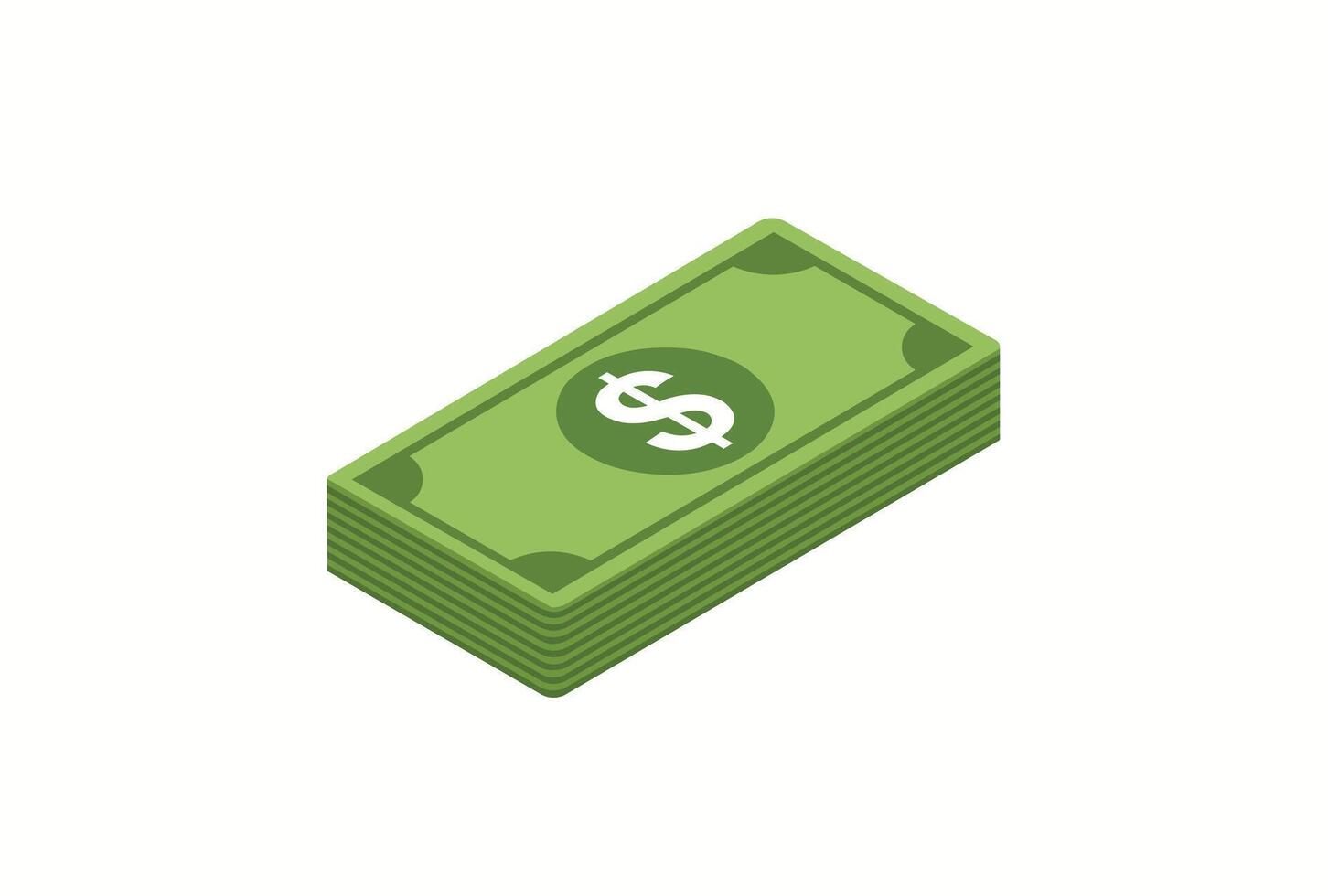 Flat illustration of a stack of green dollar bills in a simple isometric view, with a dollar sign icon on the top bill, isolated on a white background. vector