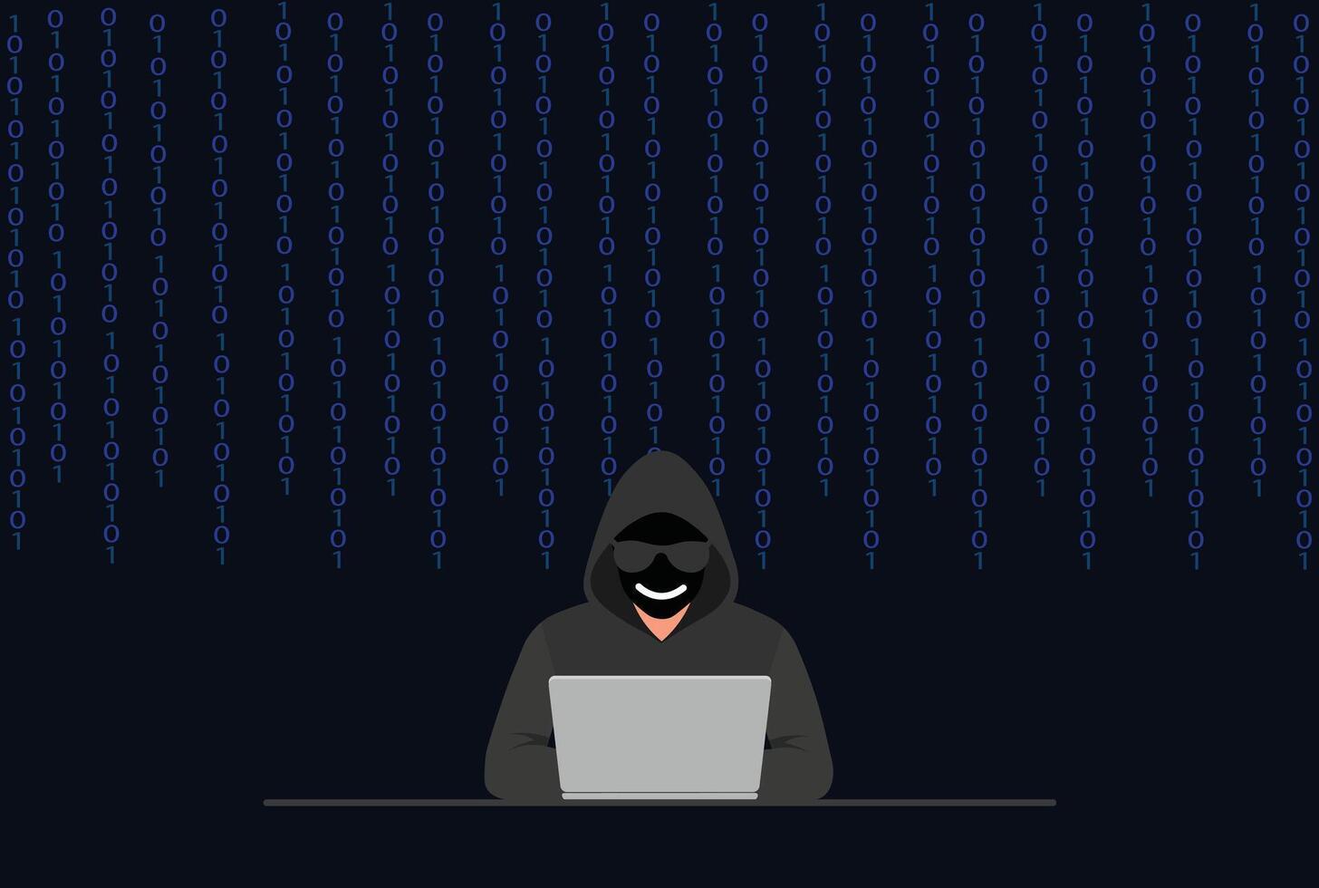 Cyber Hacker with Laptop in Digital Rain Binary Code Data Security Risk Concept Illustration. vector