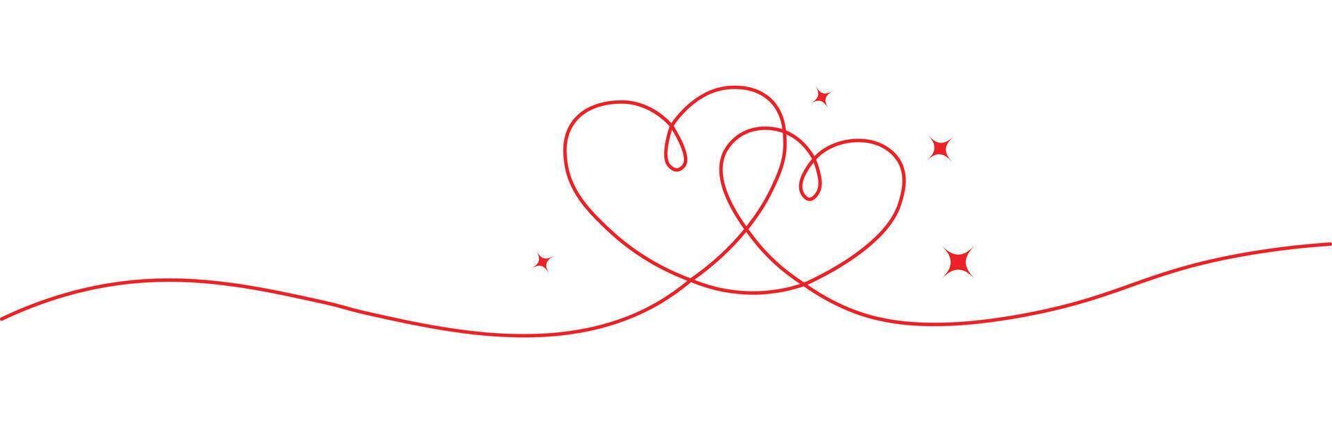 Intertwined red heart outlines, continuous love line art illustration. vector